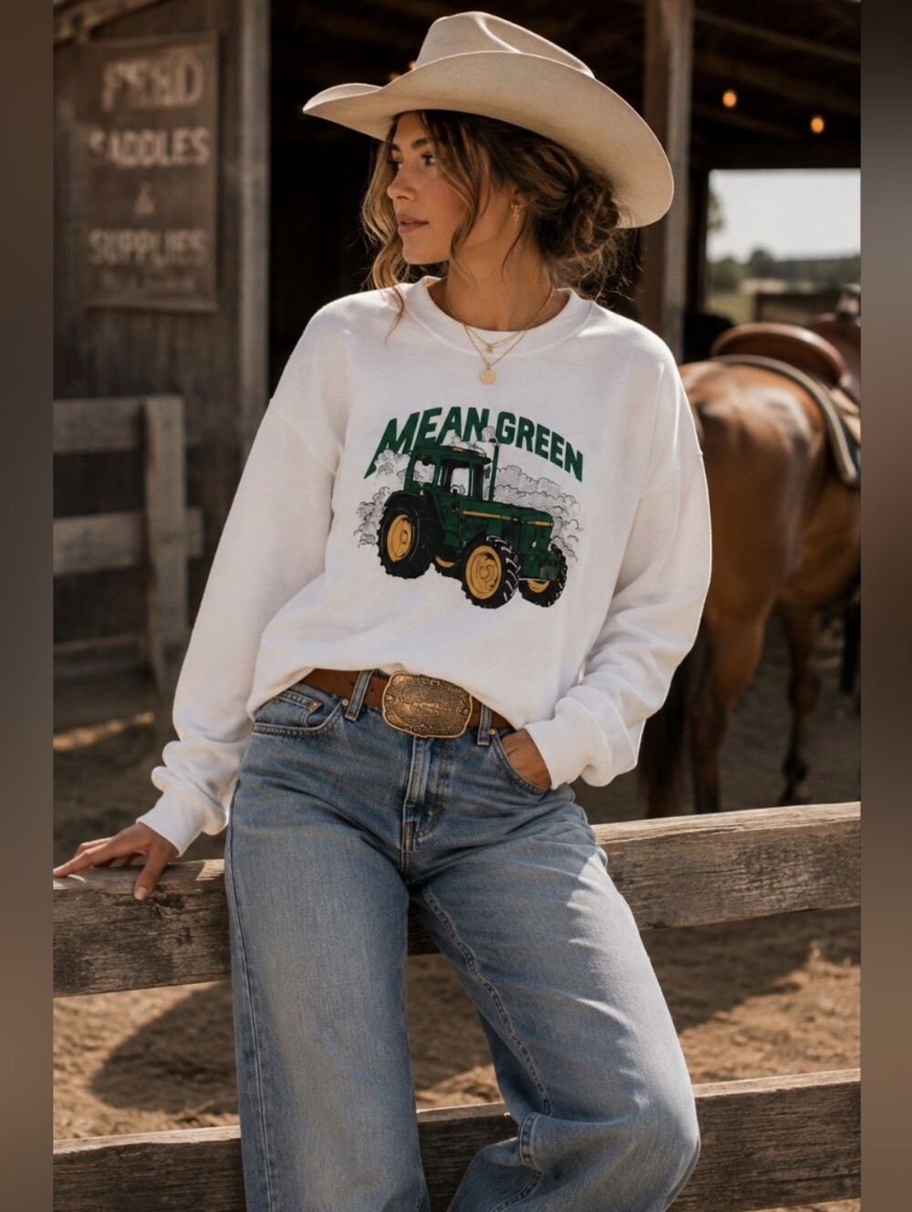 Mean Green Tractor Graphic Crewneck Sweatshirt - White